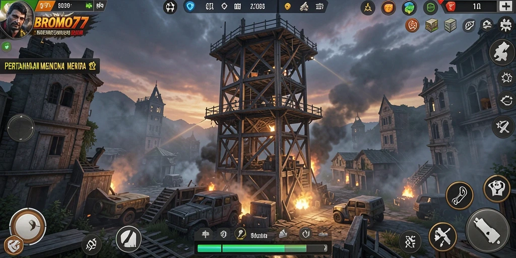 Screenshot gameplay BROMO77 menampilkan menara yang berfungsi untuk melawan gelombang musuh.