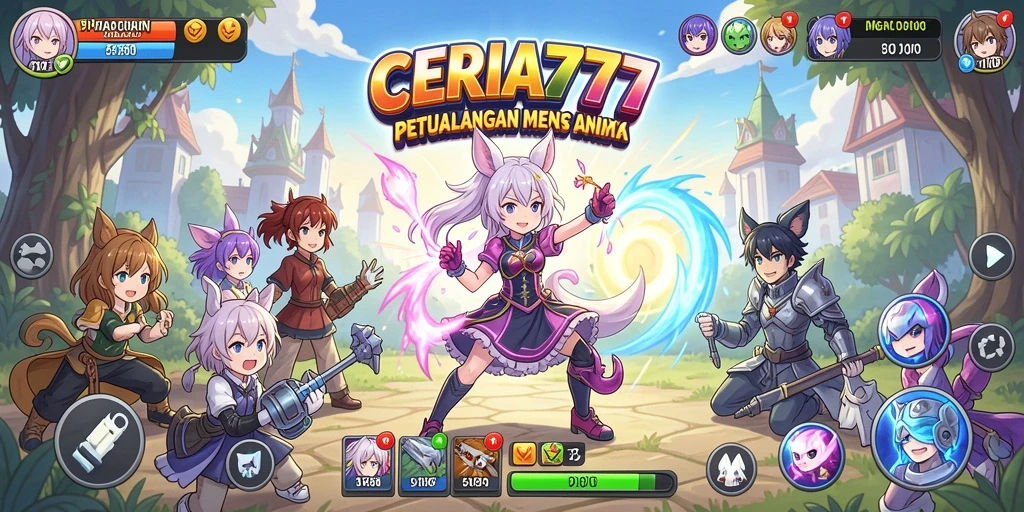Tampilan gameplay CERIA777 yang penuh warna dan karakter anime.