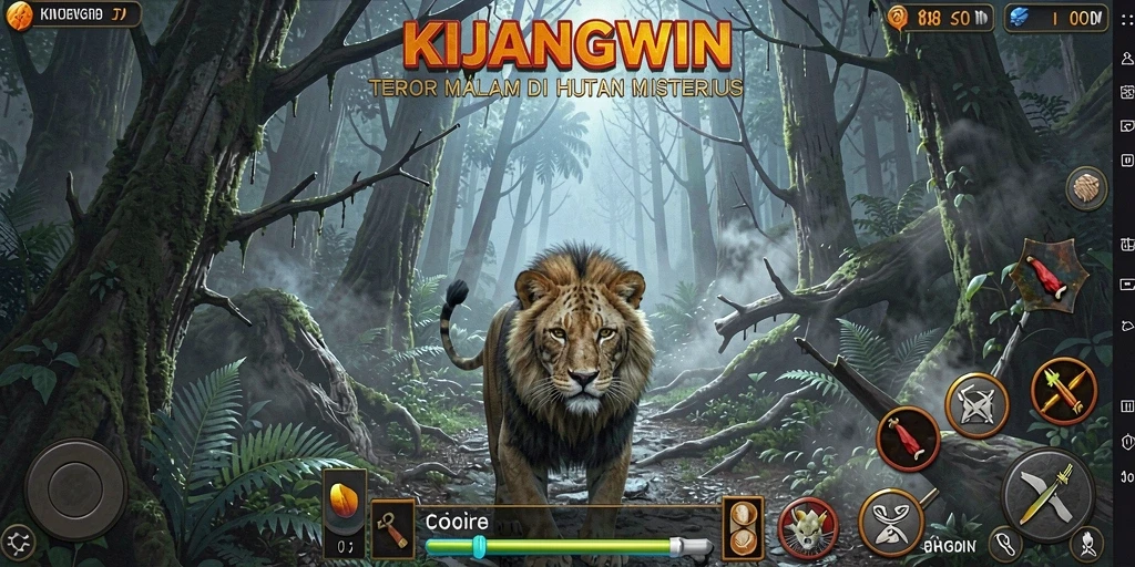 Screenshot gameplay KIJANGWIN menampilkan suasana hutan yang mencekam.